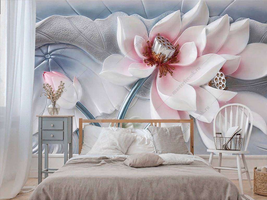 Фотообои в интерьере 3д объемный бело-розовый цветок  10-846 фото
