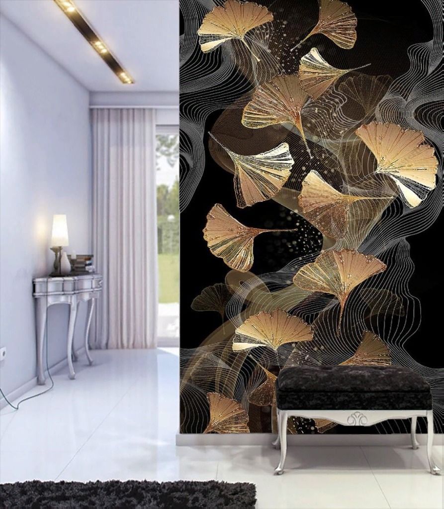 Фотообои Золотые листья на черном фоне  9-1435