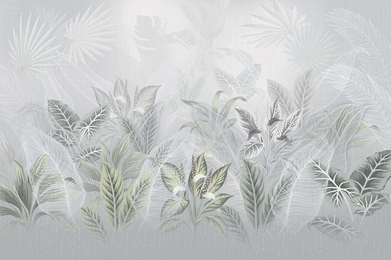 Фотообои в интерьере в гостиную цветы тропические на сером фоне   13-671 фото