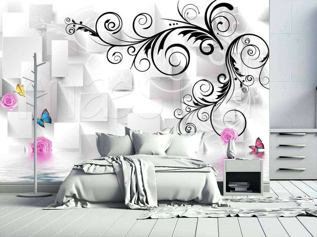 Фотообои в интерьере бабочки над водой на 3д фоне  10-426 фото