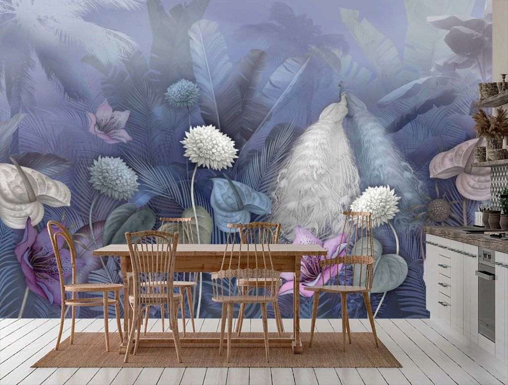 Фотообои в интерьере павлин в цветах  13-345 фото