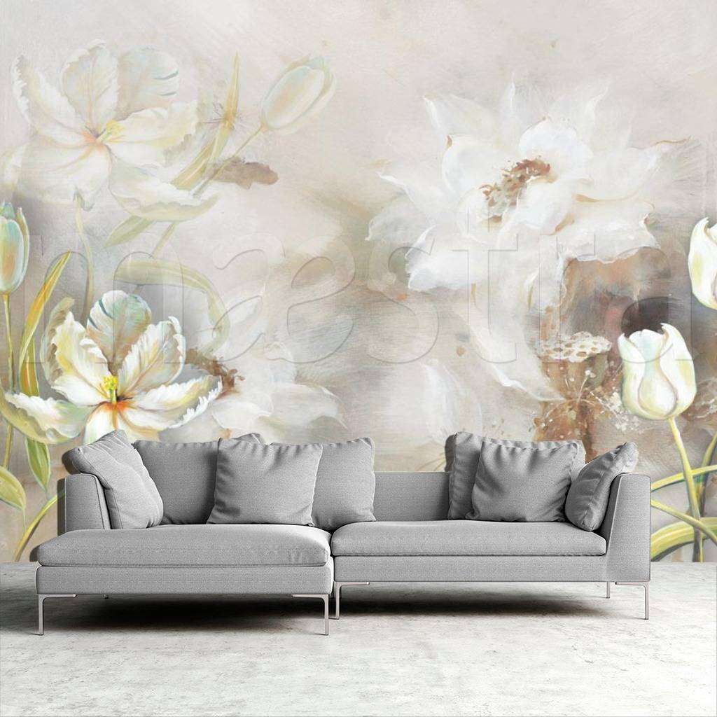 Фотообои в интерьере цветы на нежном светлом фоне  10-520 фото
