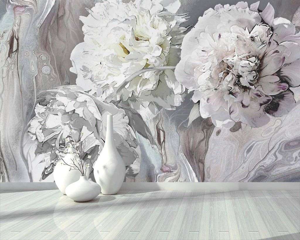 Фотообои в интерьере пионы 3д серые  13-230 фото