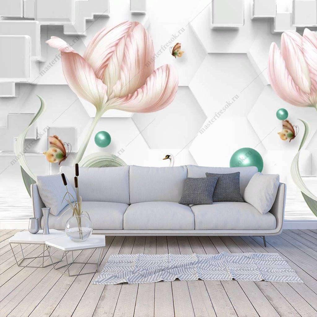 Фотообои в интерьере 3д тюльпаны  10-845 фото