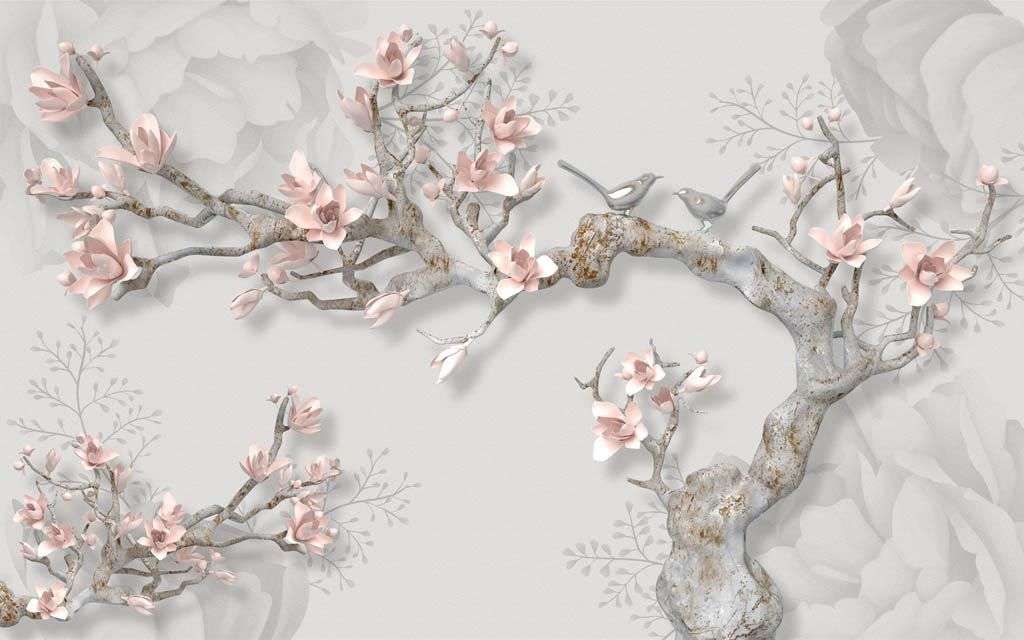 Фотообои в интерьере 3д сакура с розовыми лепестками  10-927 фото