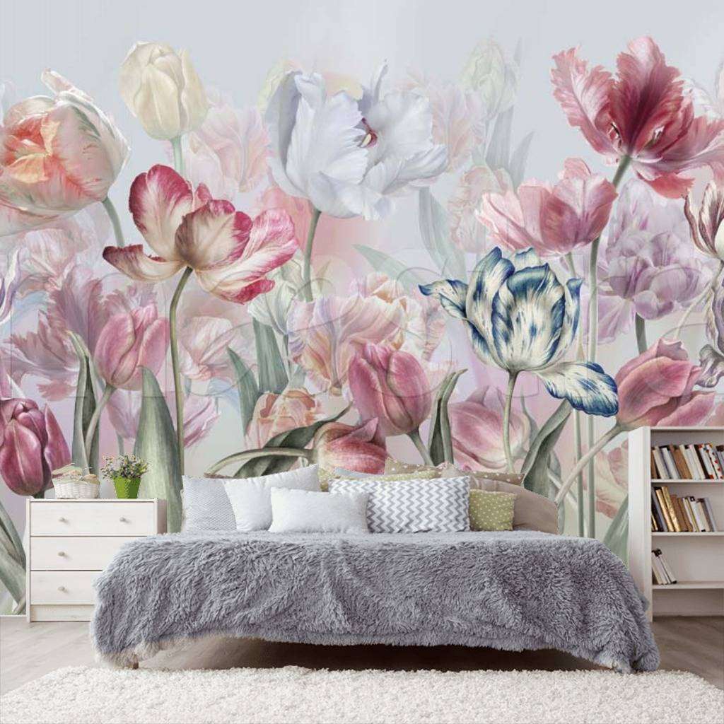 Фотообои в интерьере нежные тюльпаны  7-531 фото