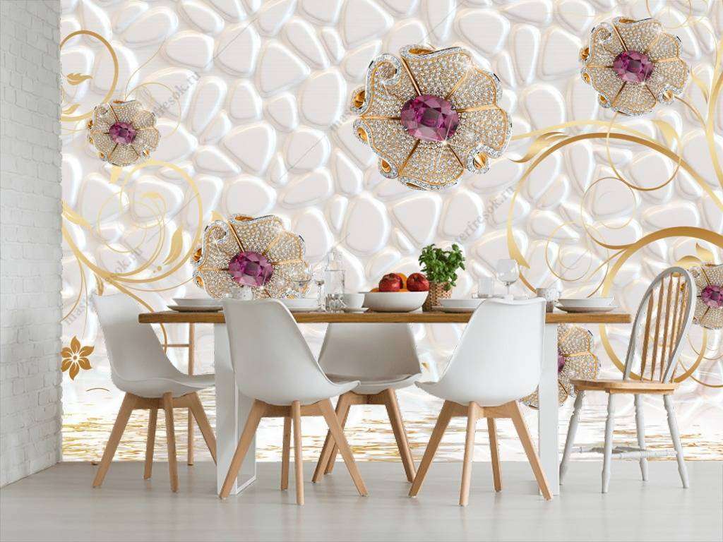 Фотообои в интерьере 3д цветы на белом  10-636 фото