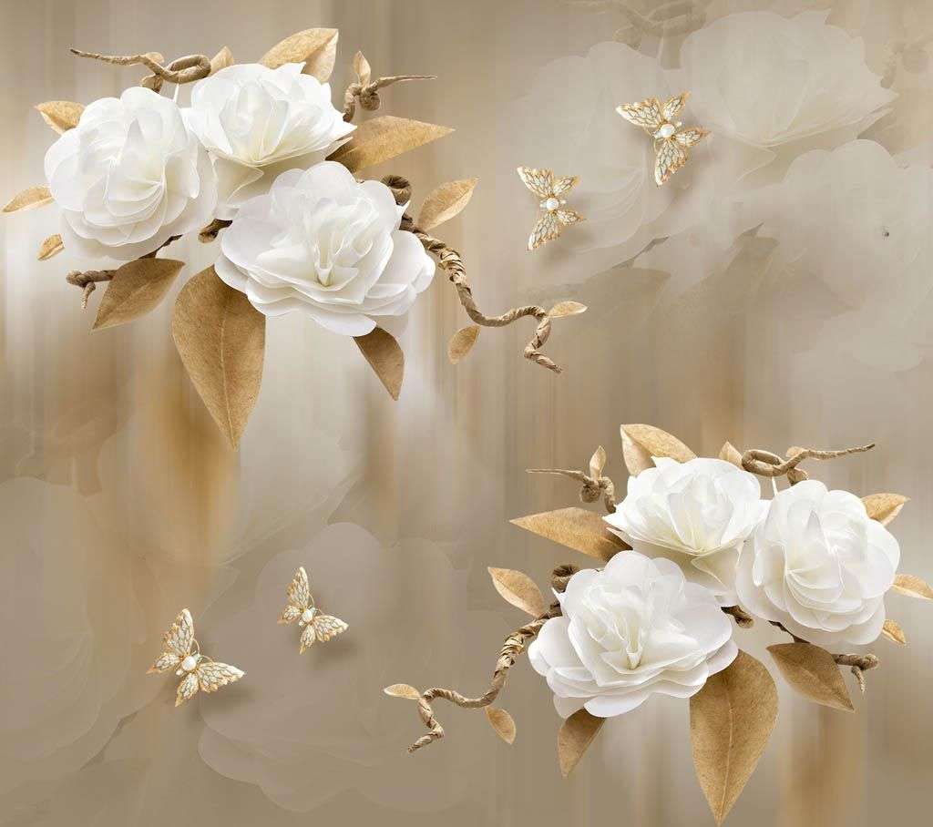 Фотообои в интерьере 3д цветы на бежевом фоне  10-912 фото