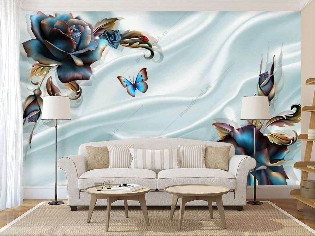 Фотообои в интерьере 3д цветы на атласе  10-907 фото