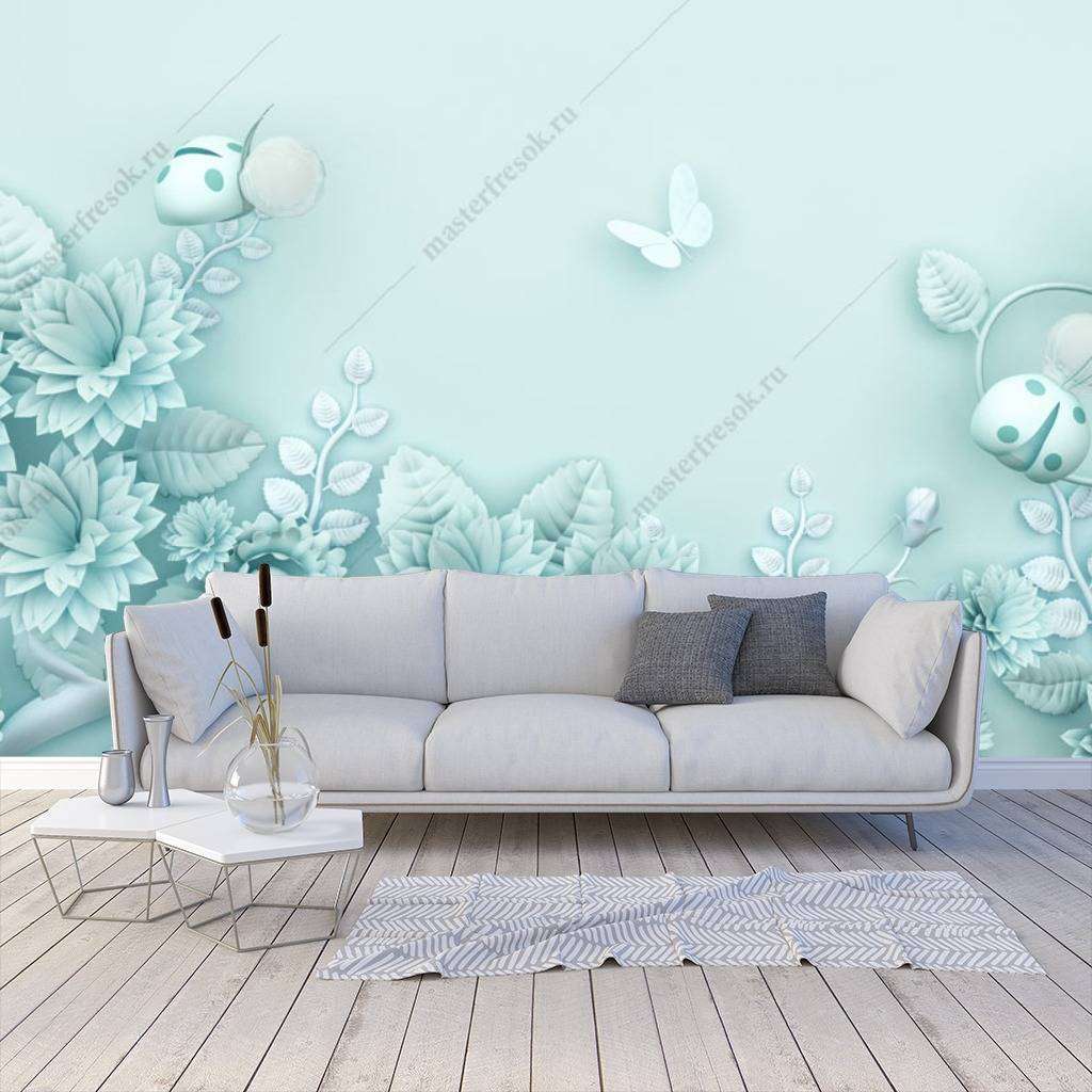 Фотообои в интерьере 3д бирюзовый фон  10-644 фото