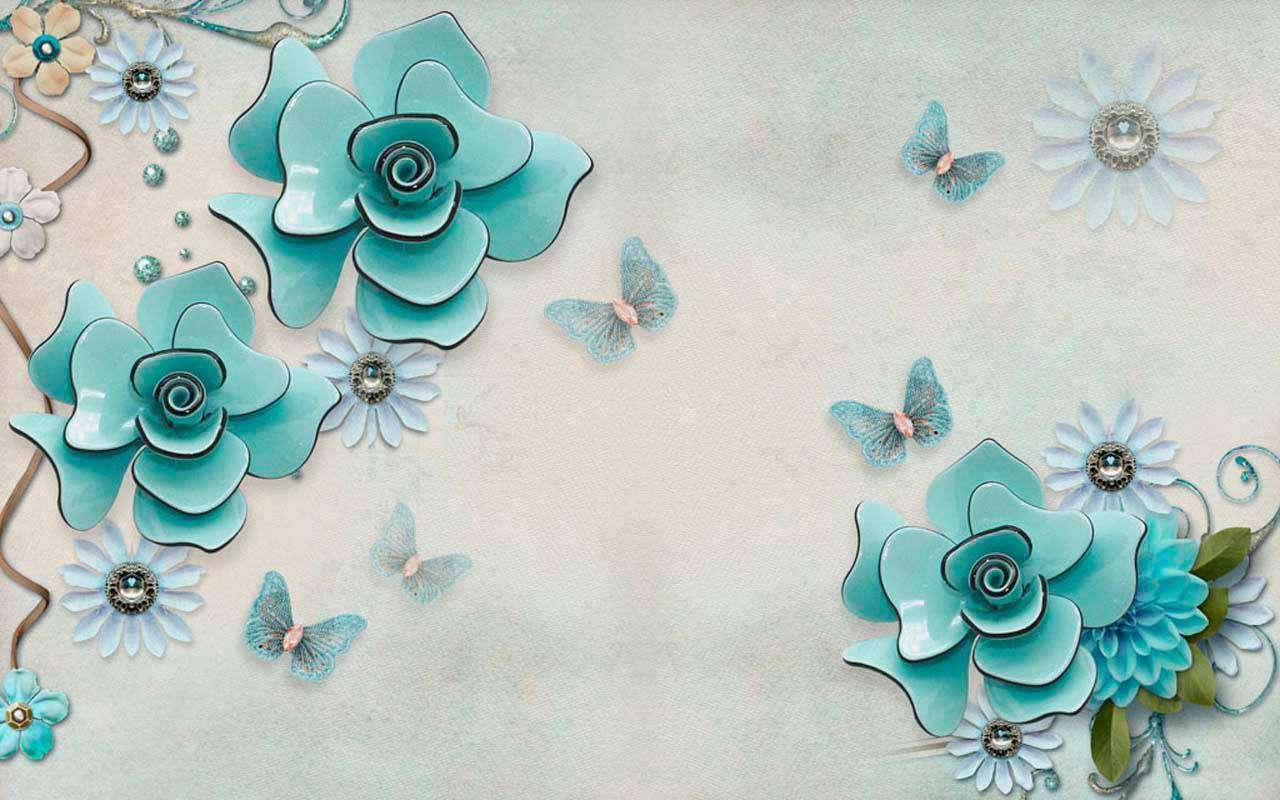 Фотообои в интерьере 3д цветы бирюзовые  10-580 фото