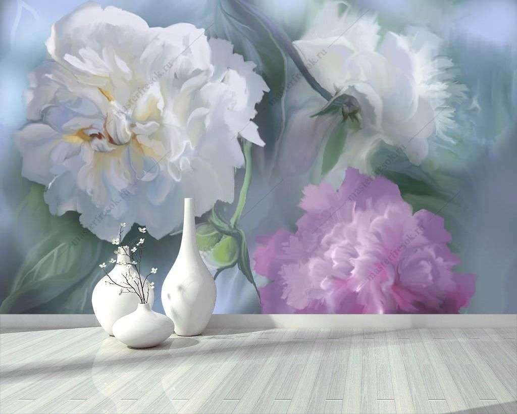 Фотообои в интерьере белые пионы 3д  13-369 фото