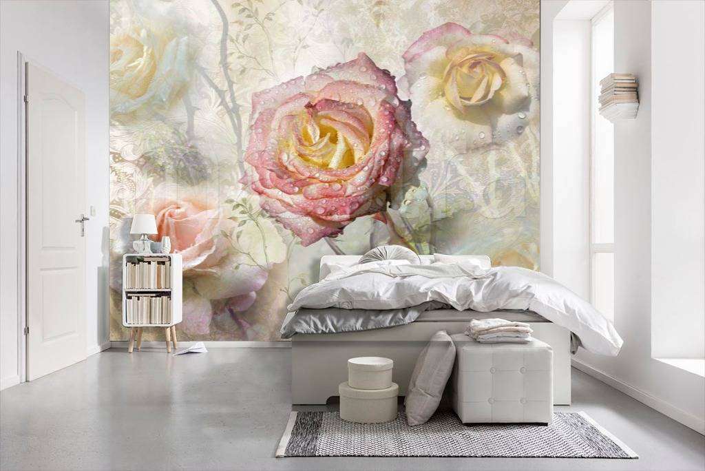 Фотообои в интерьере цветы розы на сером фоне  7-403 фото
