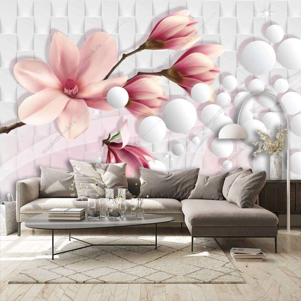 Фотообои в интерьере 3д розовая магнолия  10-831 фото