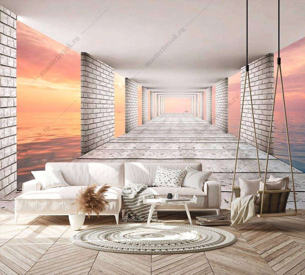 Фотообои в интерьере 3д закат в тоннеле  9-1186 фото