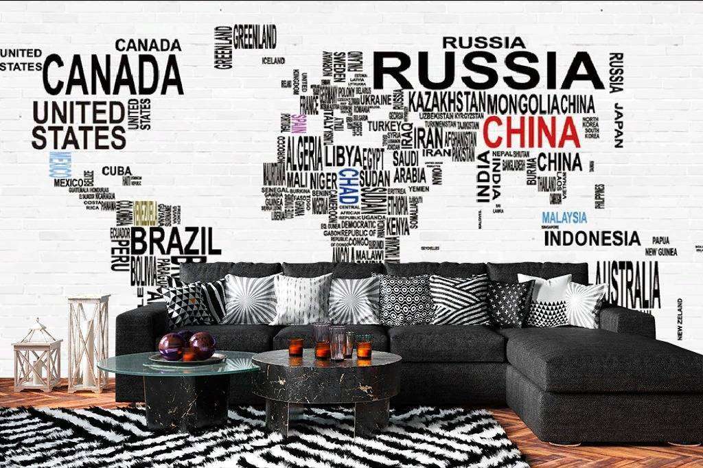 Фотообои в интерьере карта из названий стран  15-287 фото