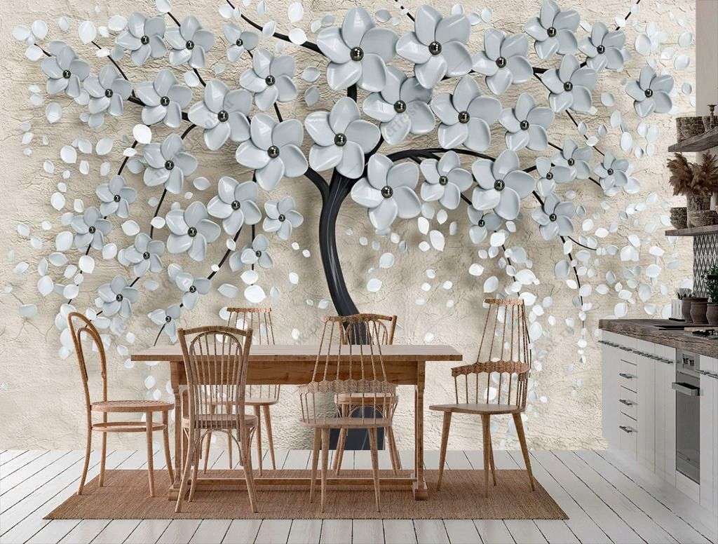Фотообои в интерьере 3д цветущее белое дерево  10-895 фото