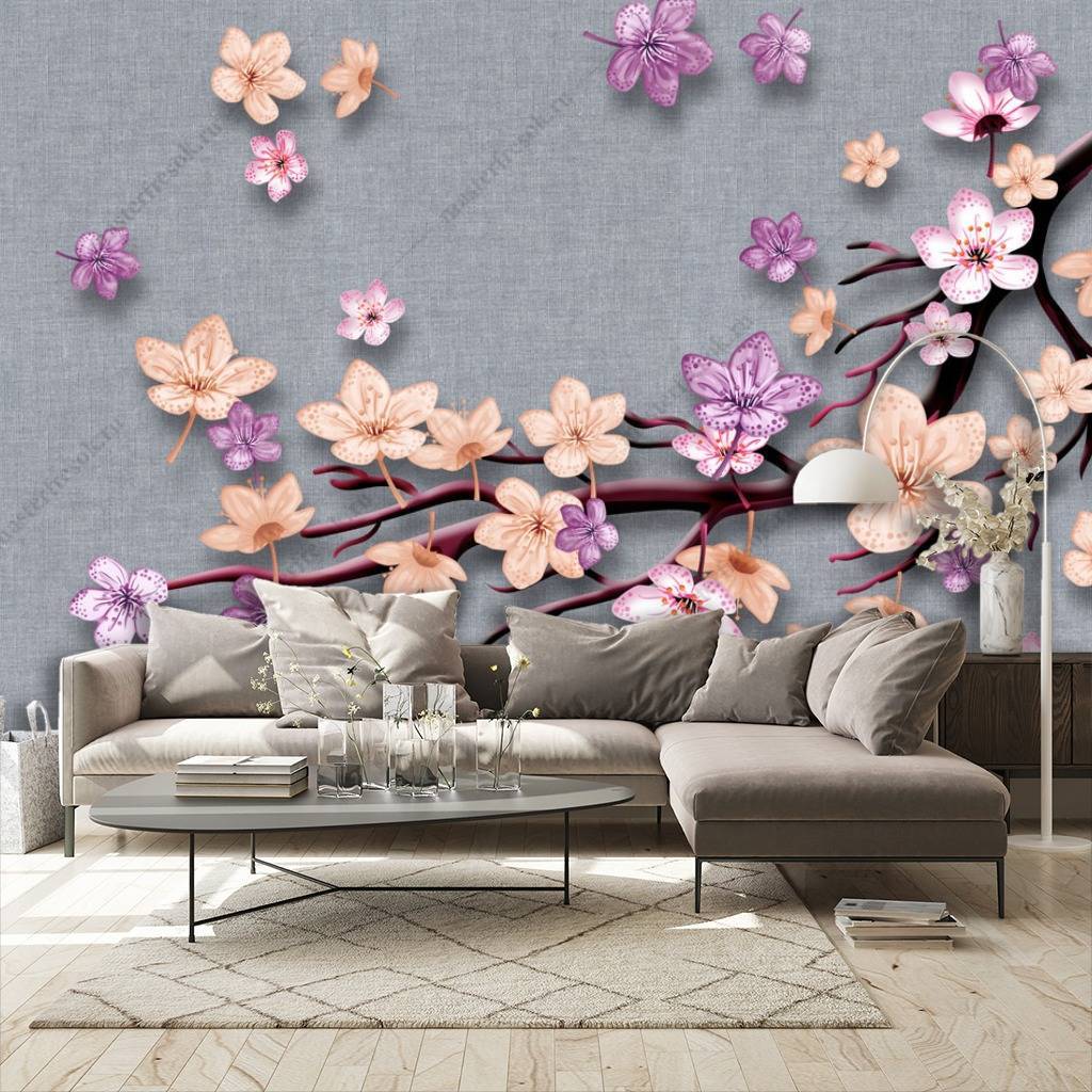 Фотообои 3д фон серый с цветами  10-647