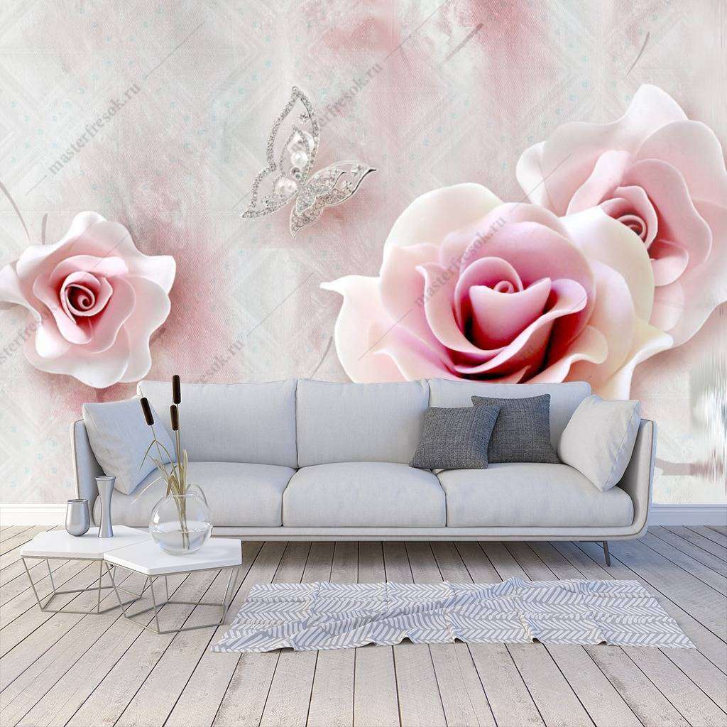Фотообои в интерьере 3д розы нежные  10-663 фото