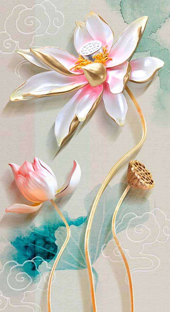 Фотообои в интерьере 3д цветы на желтом фоне  10-532 фото