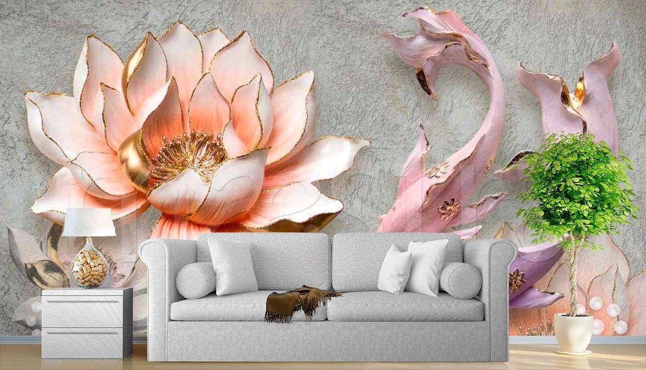 Фотообои в интерьере 3д цветы и рыбы  7-802 фото