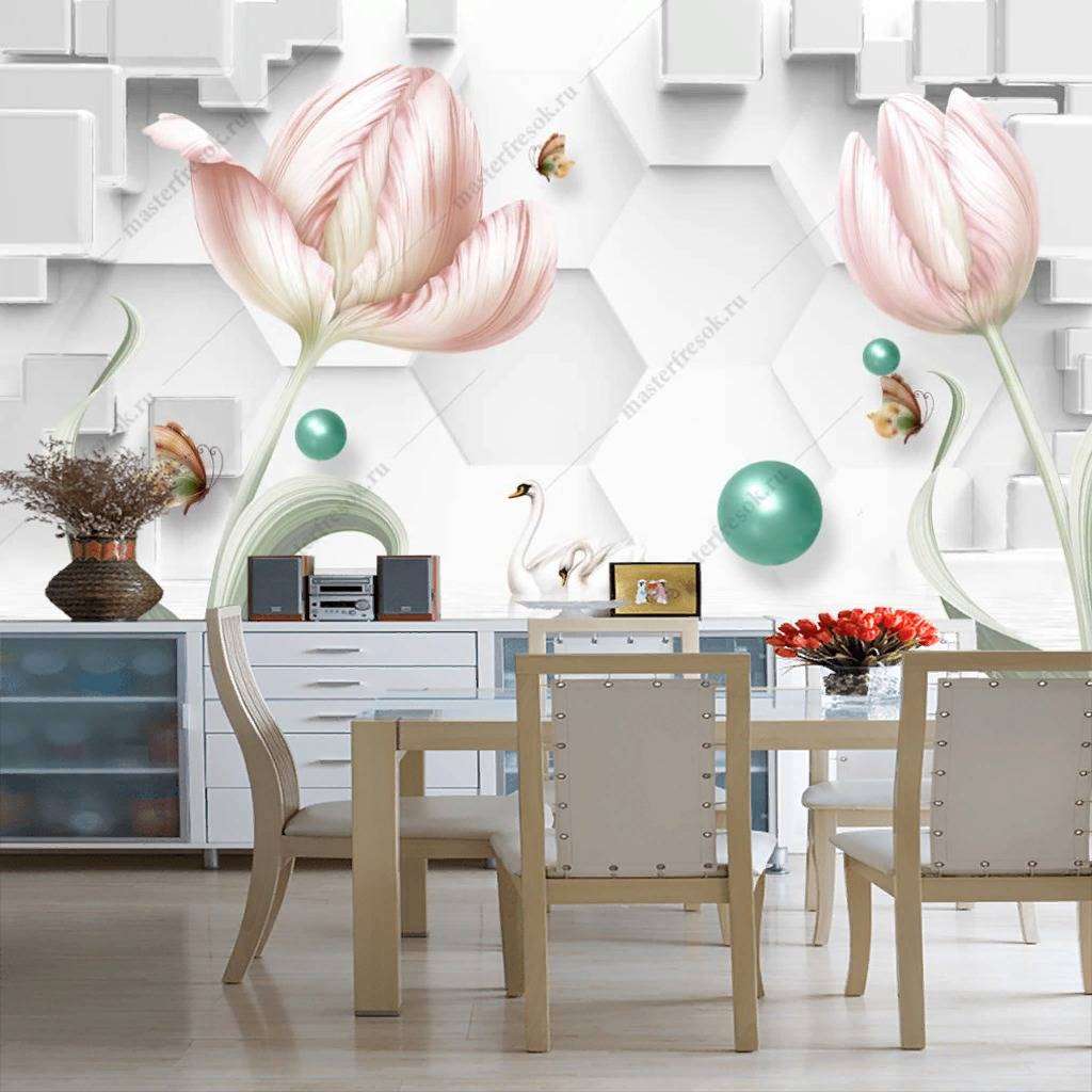 Фотообои в интерьере 3д тюльпаны  10-845 фото