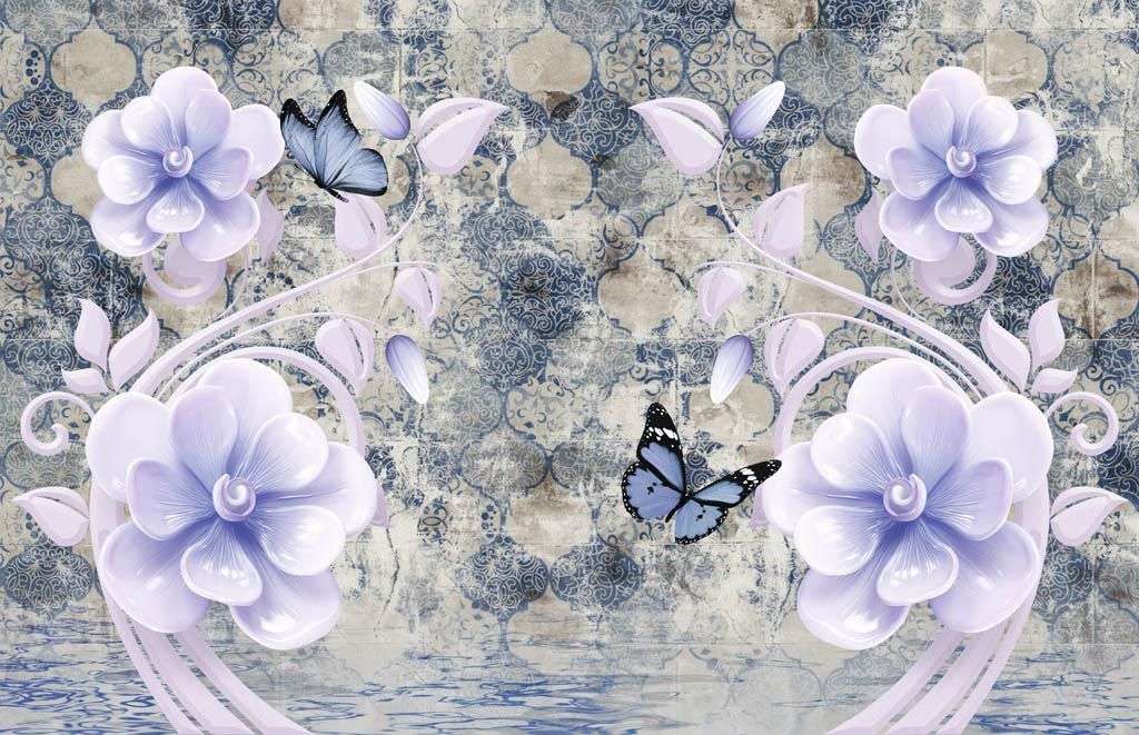 Фотообои в интерьере 3д цветы на синем фоне  10-909 фото