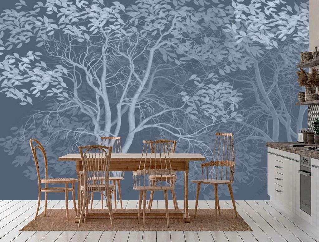 Фотообои в интерьере белые деревья на синем фоне  13-358 фото