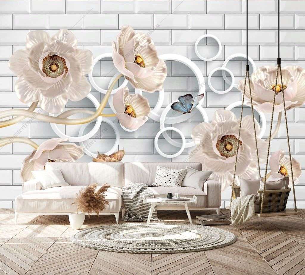 Фотообои в интерьере 3д бежевые цветы на стене  10-906 фото