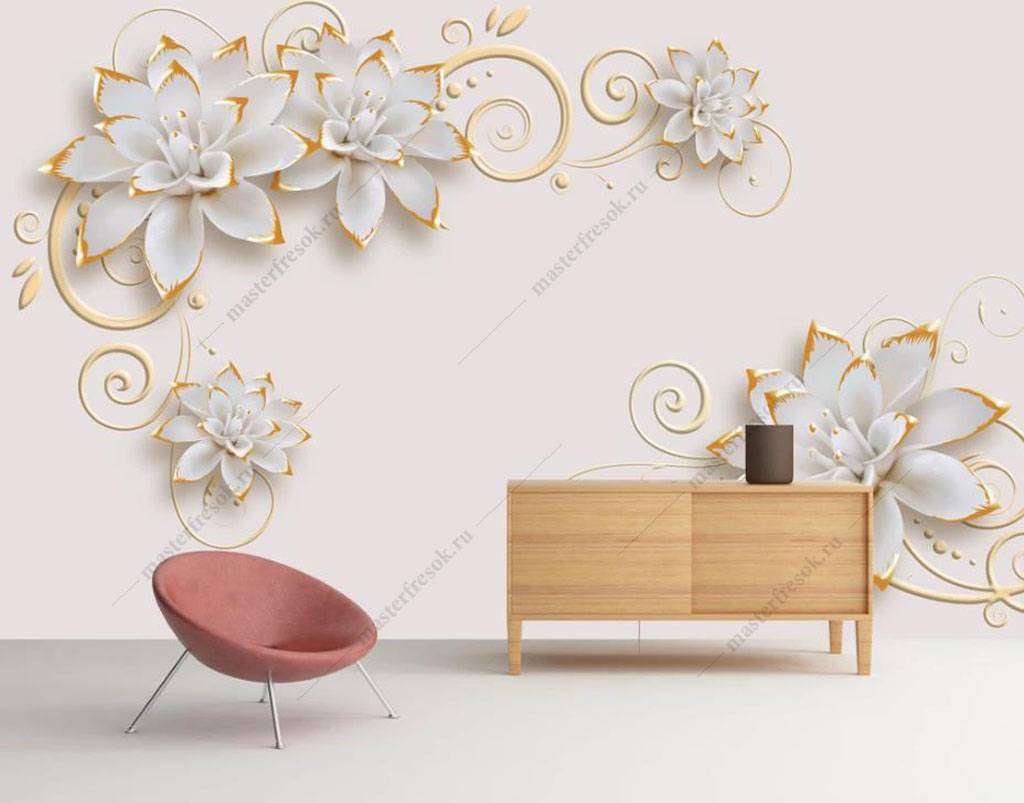 Фотообои в интерьере позолоченные цветы 3д  16-186 фото