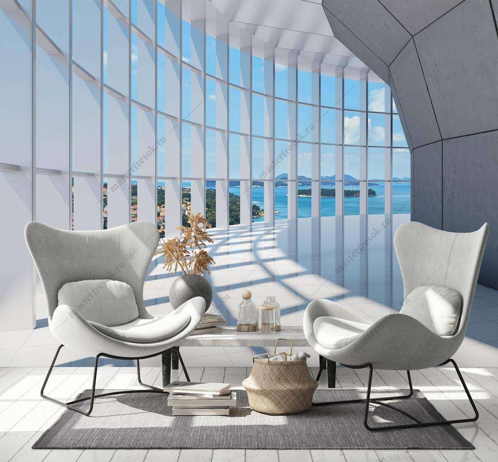 Фотообои в интерьере тоннель 3д с видом на море  10-866 фото