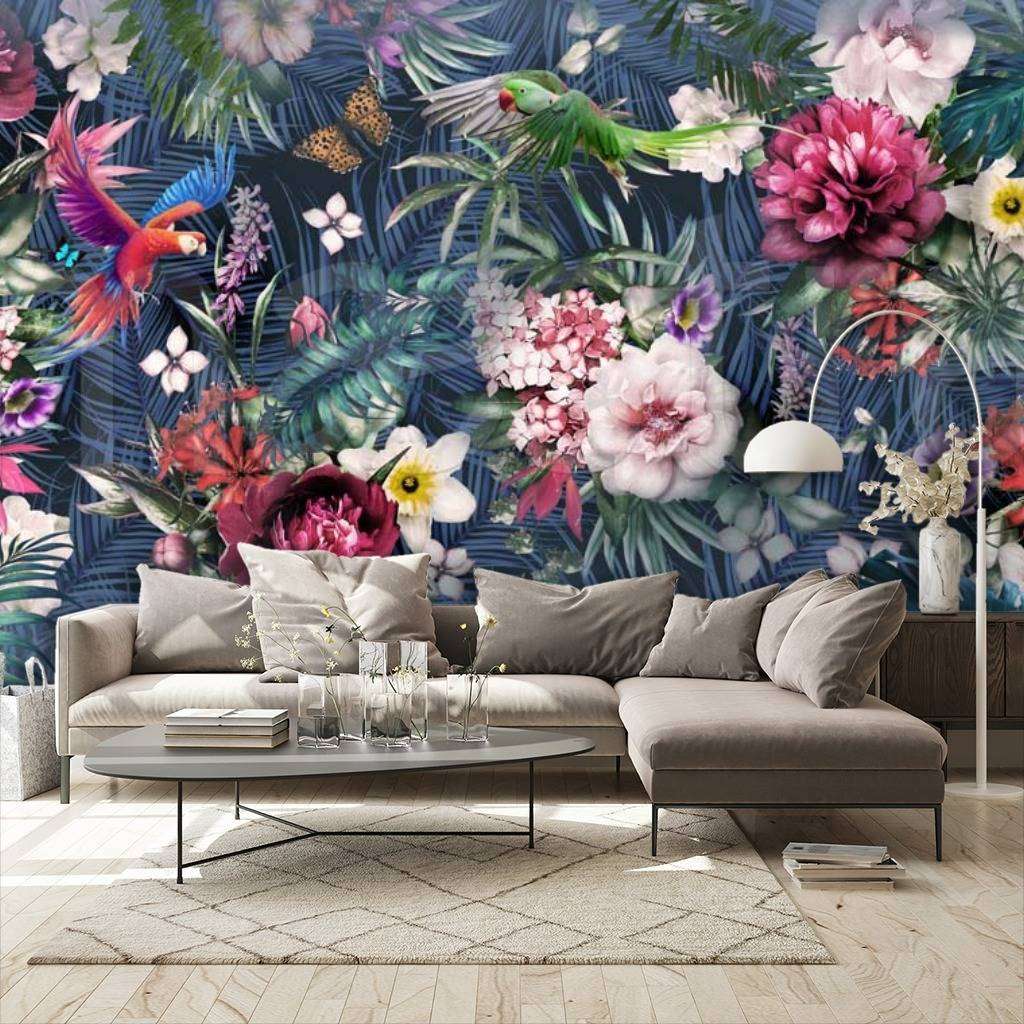 Фотообои в интерьере цветущий сад с попугаями  7-549 фото