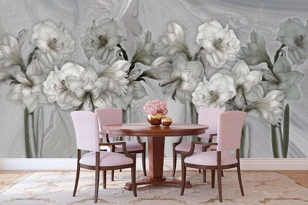 Фотообои в интерьере винтажные серые цветы  13-341 фото