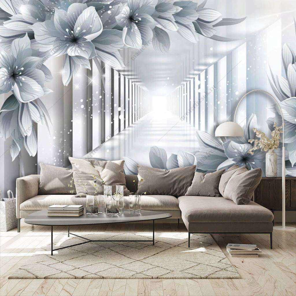 Фотообои в интерьере 3д белые цветы в тоннеле  10-852 фото