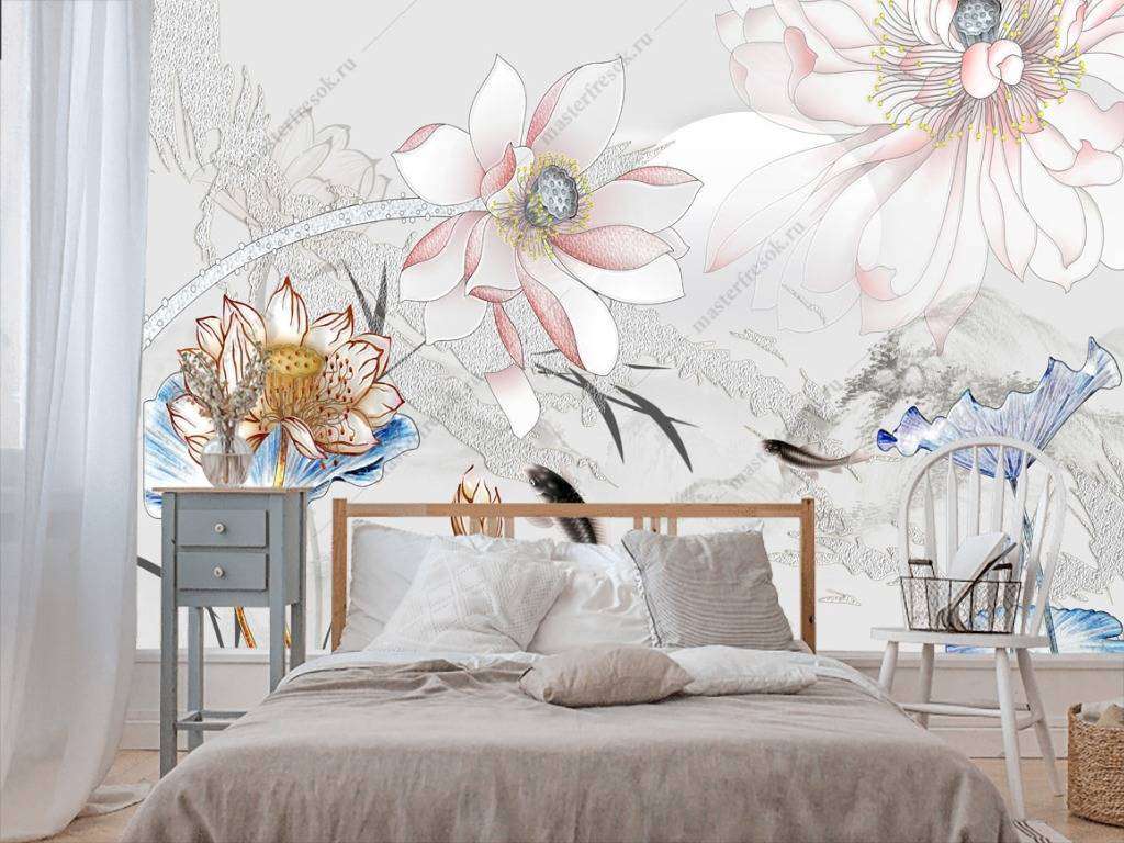 Фотообои в интерьере 3д цветы роспись  10-659 фото