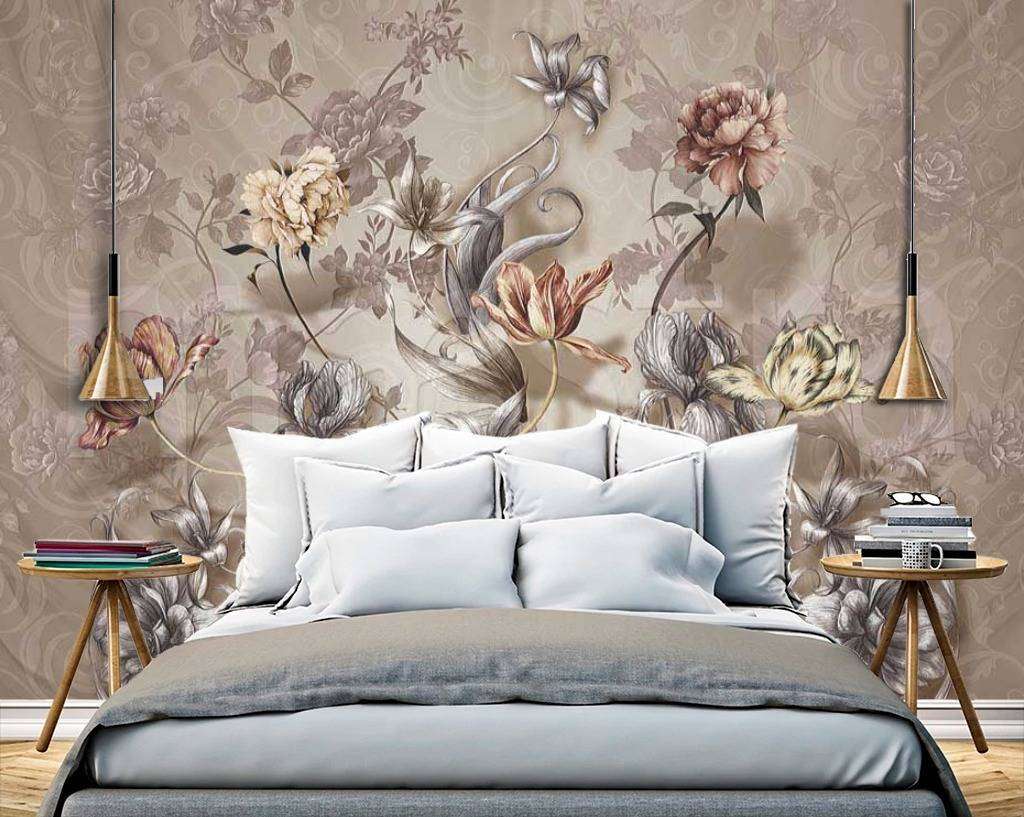 Фотообои в интерьере букет цветов на сером фоне  7-431 фото