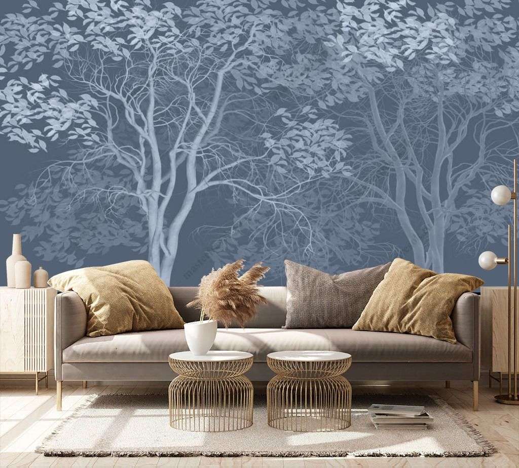 Фотообои в интерьере белые деревья на синем фоне  13-358 фото