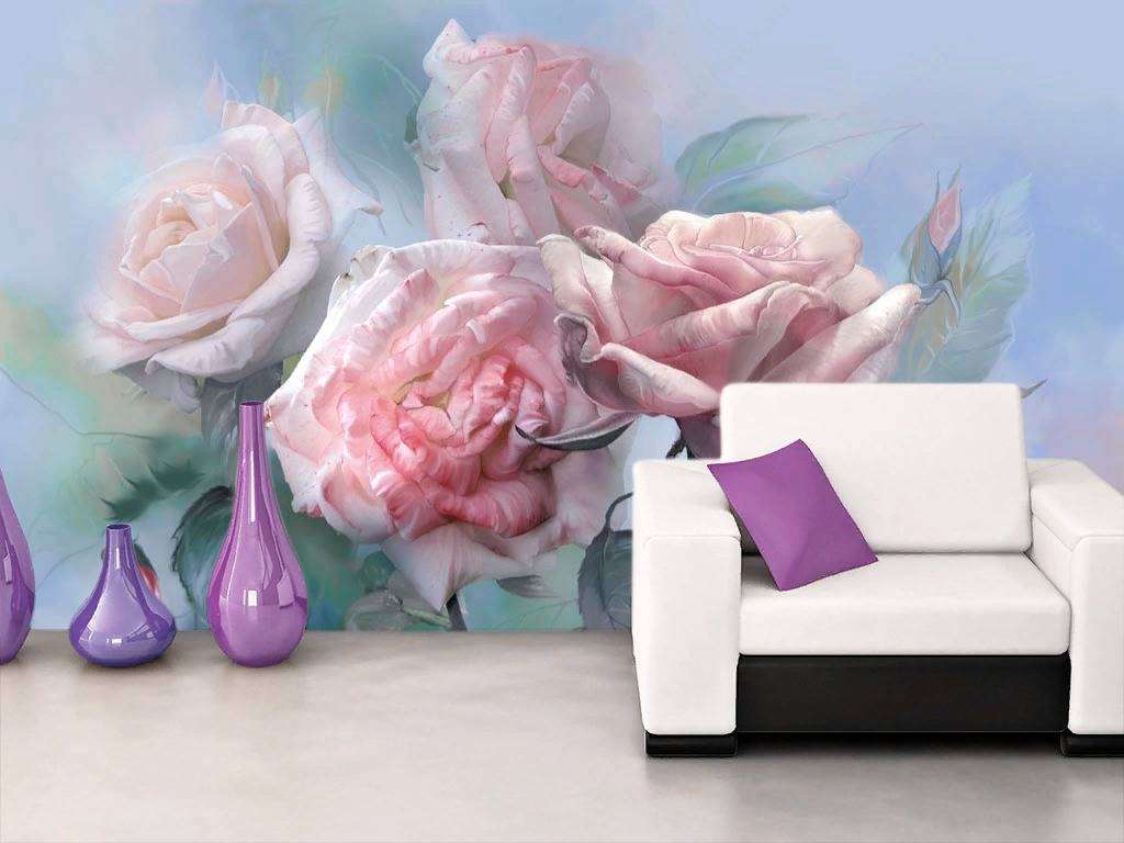 Фотообои в интерьере розы на голубом фоне  13-265 фото