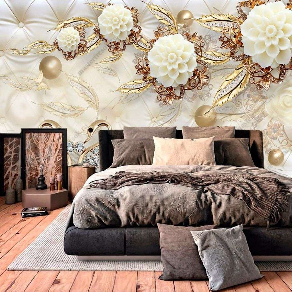 Фотообои в интерьере 3д цветы золотые  10-897 фото