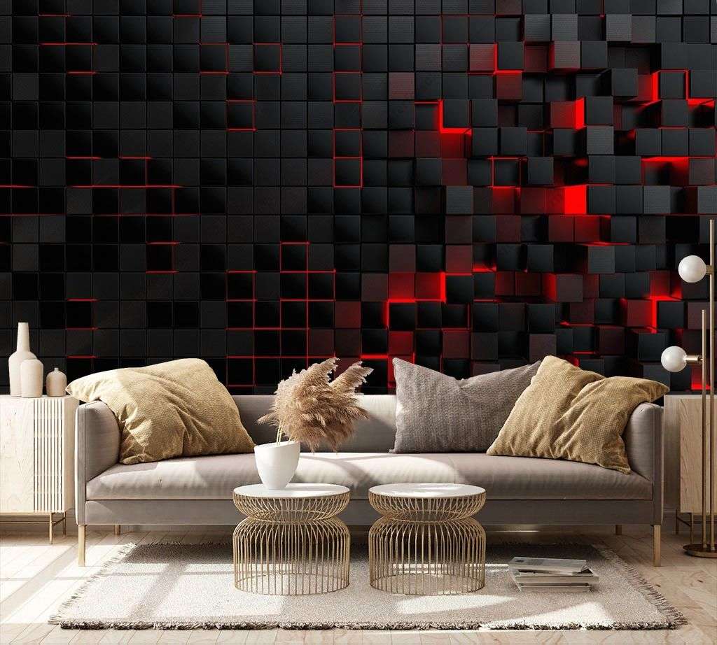 Фотообои в интерьере 3д стена черные квадраты на красном  10-884 фото