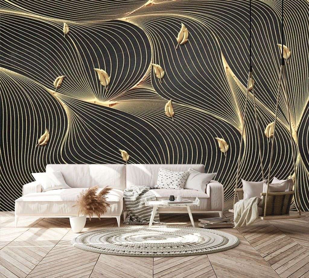 Фотообои в интерьере золотые линии на черном фоне  14-511 фото