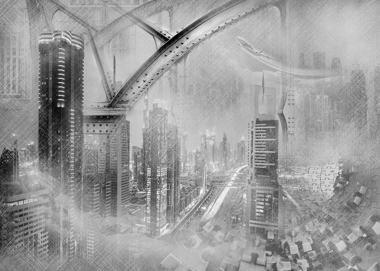 Фотообои в интерьере серый город с пазлами  7-556 фото