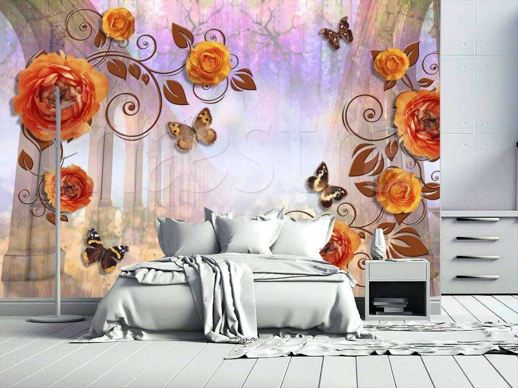 Фотообои в интерьере 3д с цветами и бабочками  7-487 фото