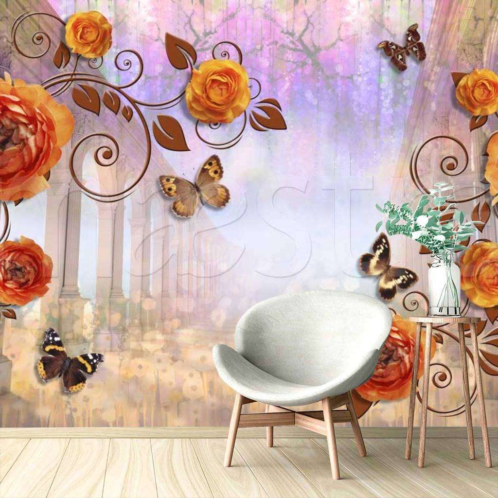 Фотообои 3д с цветами и бабочками  7-487