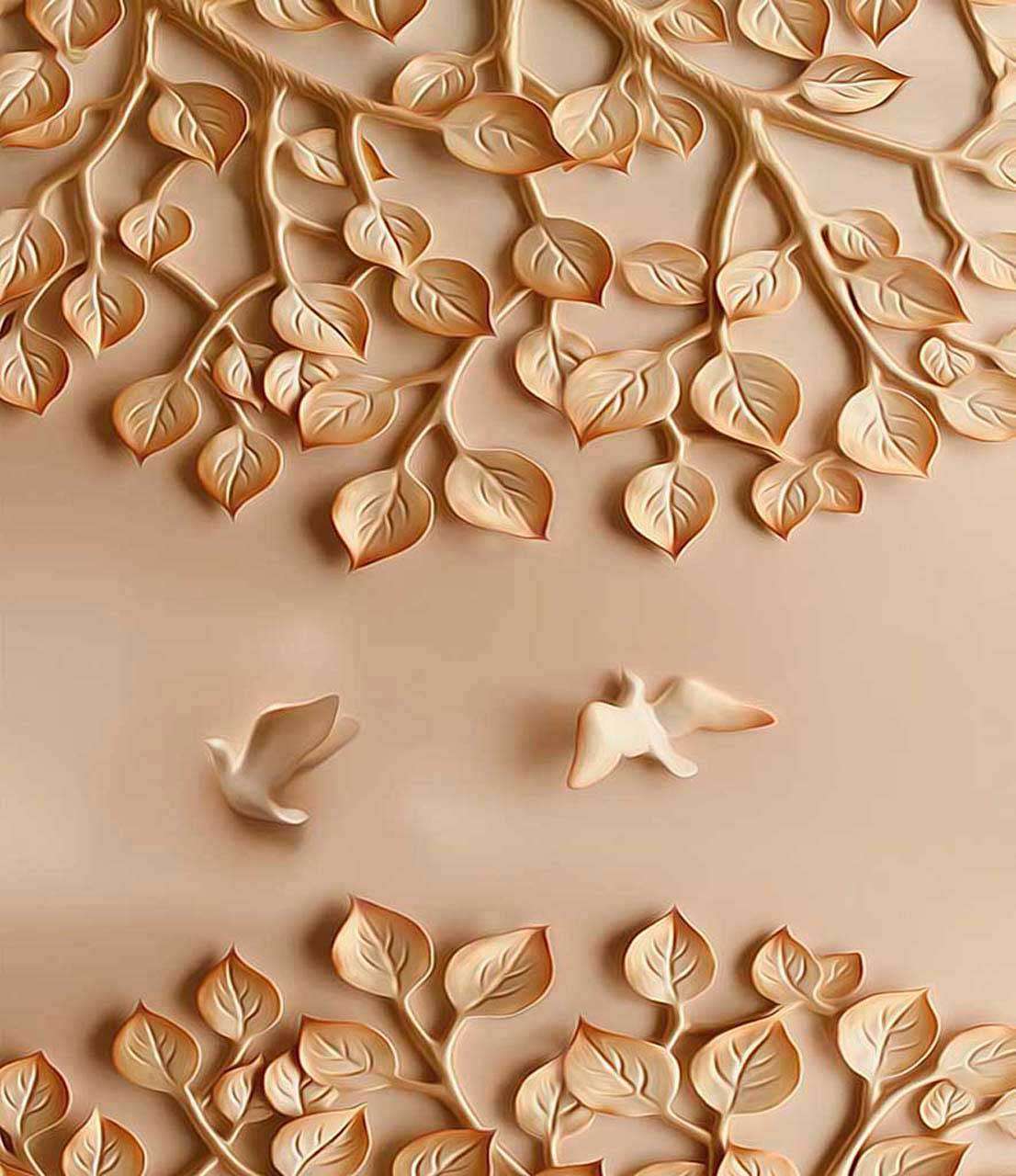 Фотообои в интерьере барельеф на стене с листьями  10-447 фото