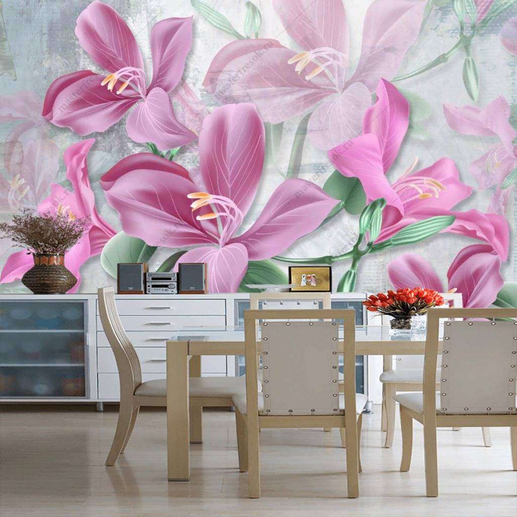 Фотообои в интерьере 3д ярко розовые лилии  10-859 фото