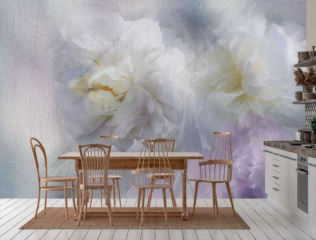 Фотообои в интерьере нежные белые пионы  13-370 фото