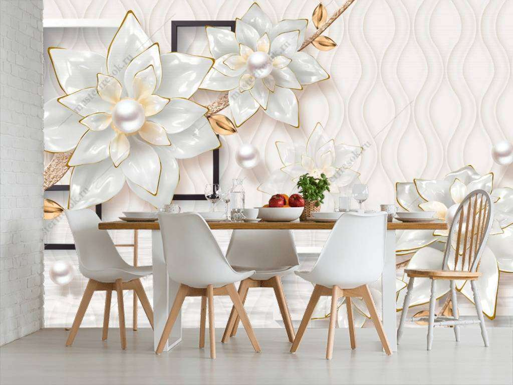 Фотообои в интерьере 3д геометрия с цветами  10-648 фото