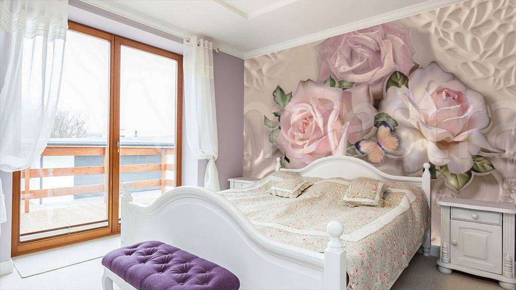 Фотообои в интерьере стереоскопические розовые розы  7-524 фото