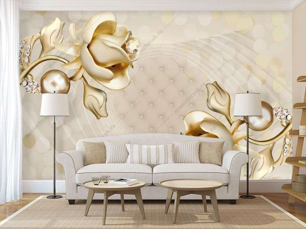 Фотообои в интерьере 3д цветы из золота  10-924 фото
